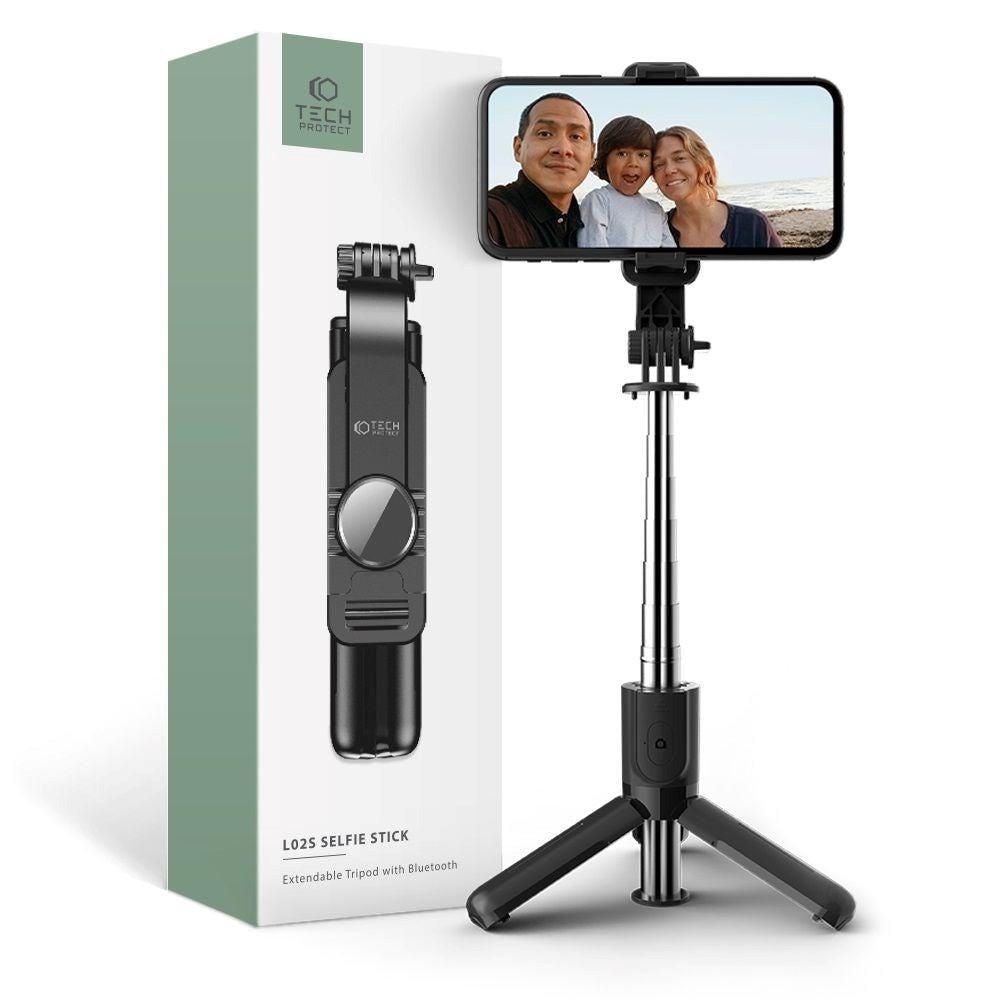 Tech-Protect L02S Kompakt Selfie-pinne m. Stativ &amp; Bluetooth - Svart