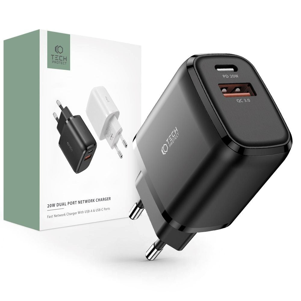 Tech-Protect Network 20W Vegglader m. 1 x USB-C og 1 x USB-A - Svart
