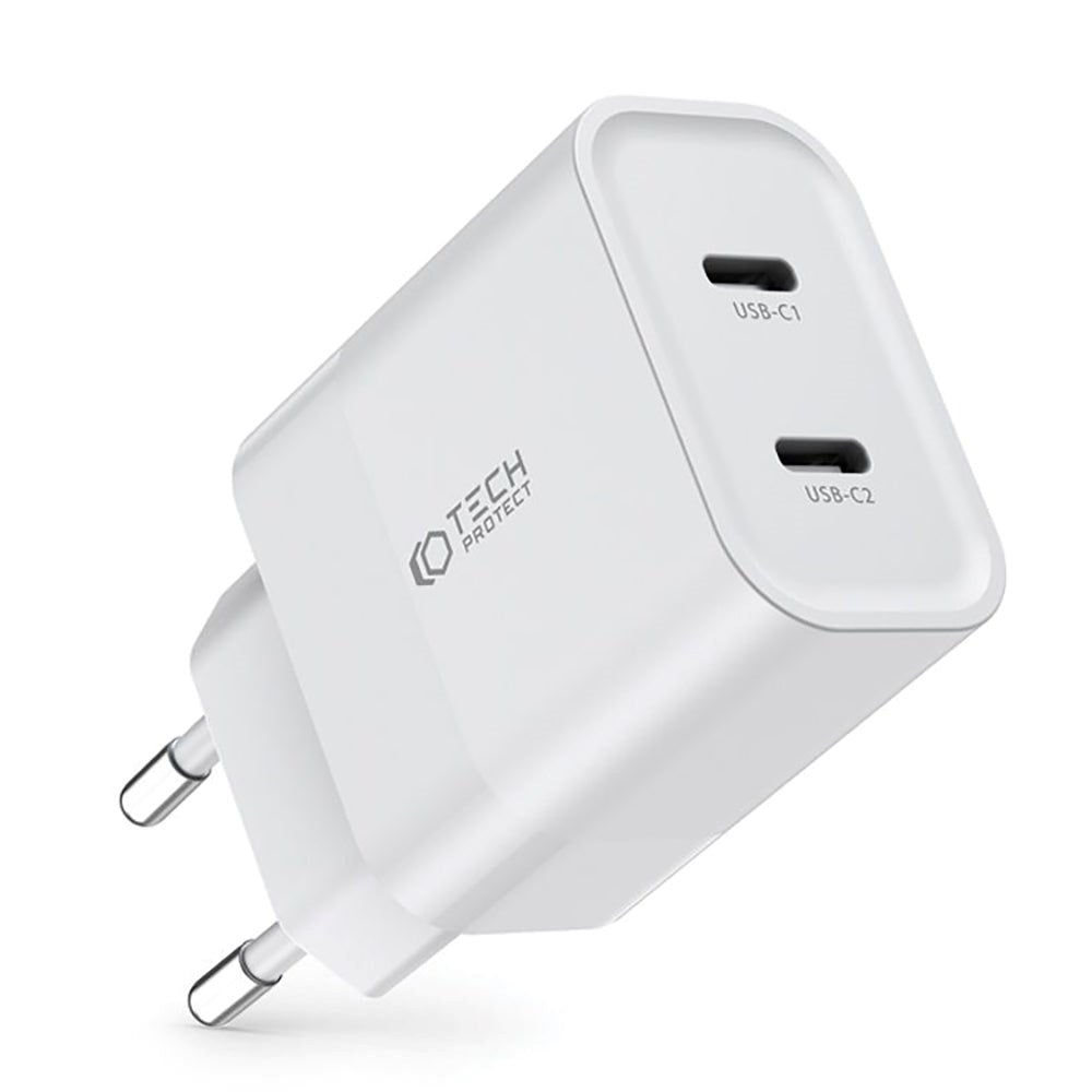 Tech-Protect 20W Vegglader m. 2 x USB-C &amp; USB-C-kabel - Hvit