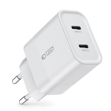Tech-Protect 20W Vegglader m. 2 x USB-C &amp; USB-C-kabel - Hvit
