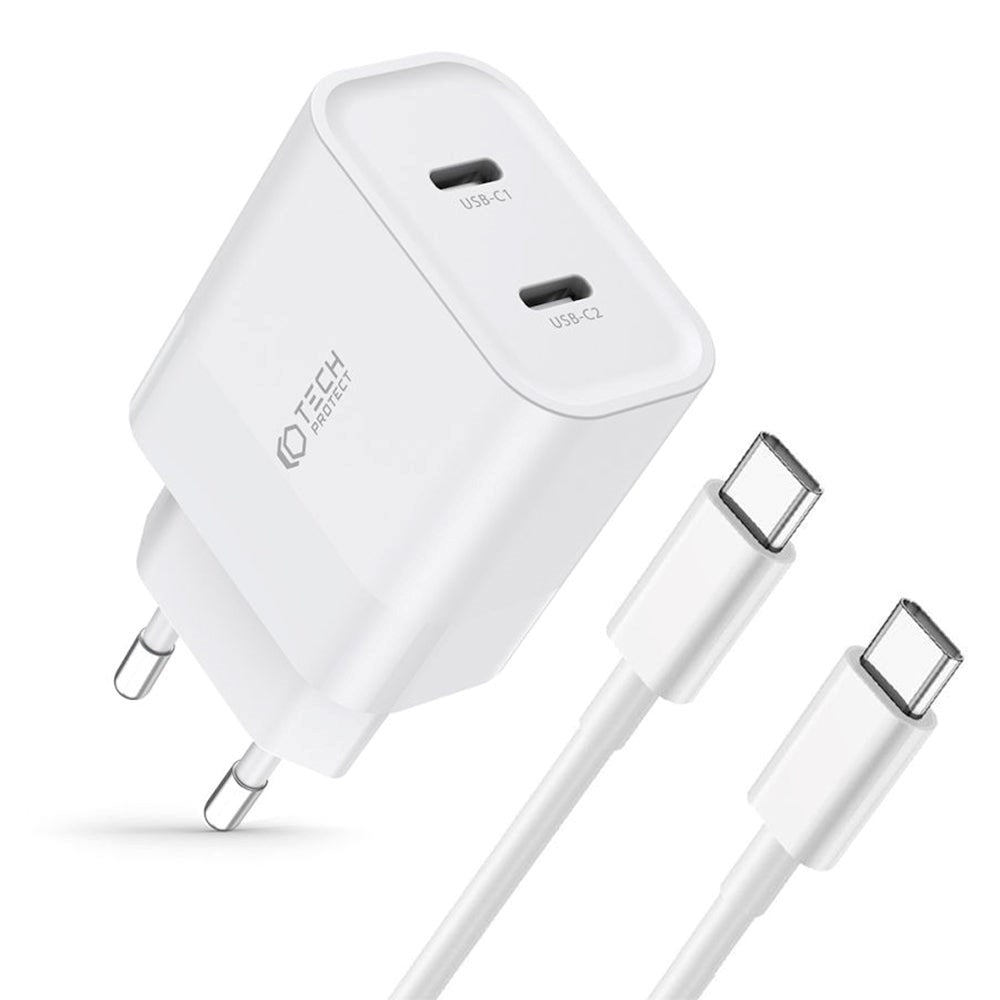 Tech-Protect 20W Vegglader m. 2 x USB-C &amp; USB-C-kabel - Hvit