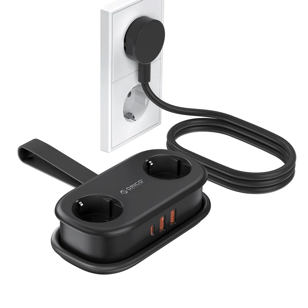 ORICO 5-i-1 Strømskinne m. 20W - 2 x Schuko - 2 x USB-A - 1 x USB-C - Sort