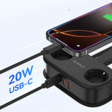 ORICO 5-i-1 Strømskinne m. 20W - 2 x Schuko - 2 x USB-A - 1 x USB-C - Sort