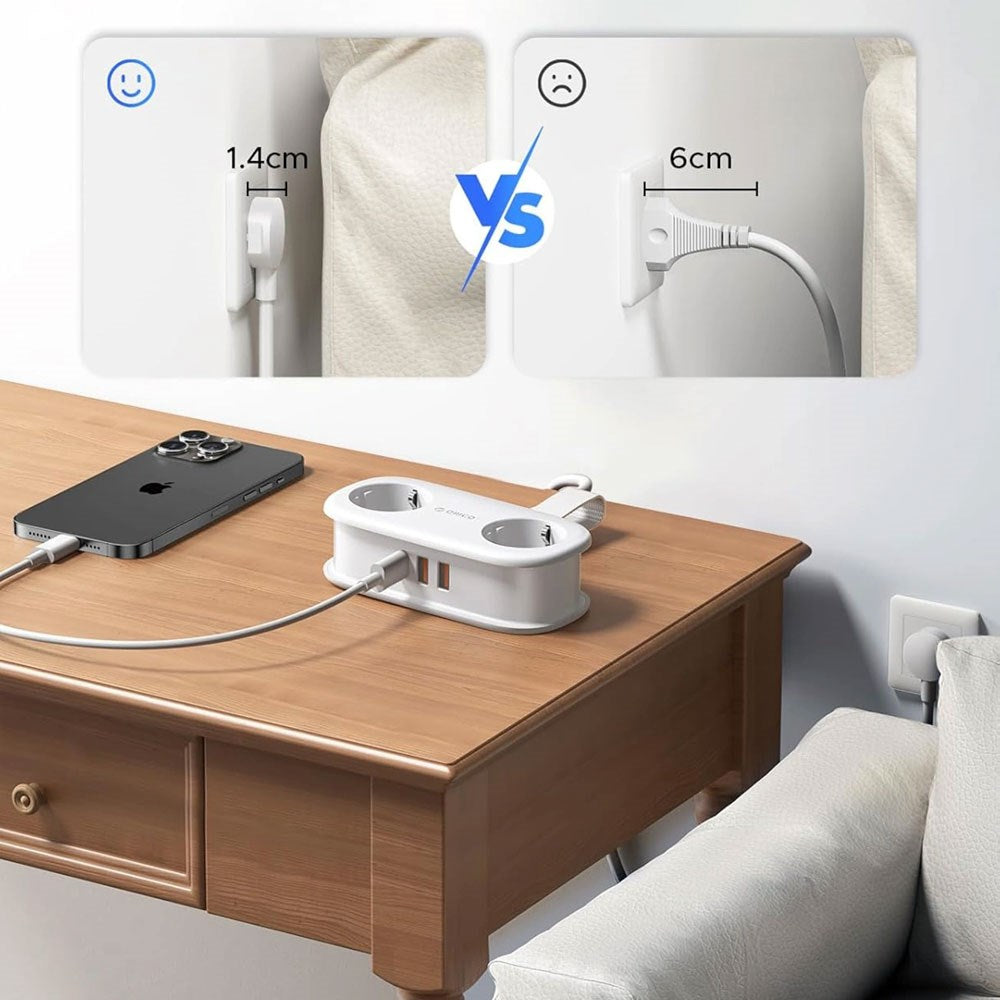 ORICO 5-i-1 Strømskinne m. 20W - 2 x Schuko - 2 x USB-A - 1 x USB-C - Hvid