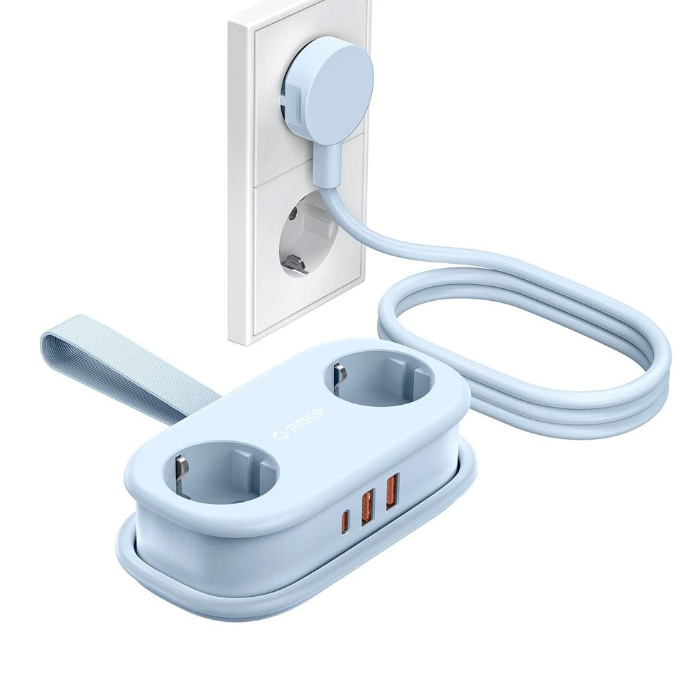ORICO 5-i-1 Strømskinne m. 20W - 2 x Schuko - 2 x USB-A - 1 x USB-C - Blå