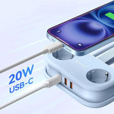ORICO 5-i-1 Strømskinne m. 20W - 2 x Schuko - 2 x USB-A - 1 x USB-C - Blå