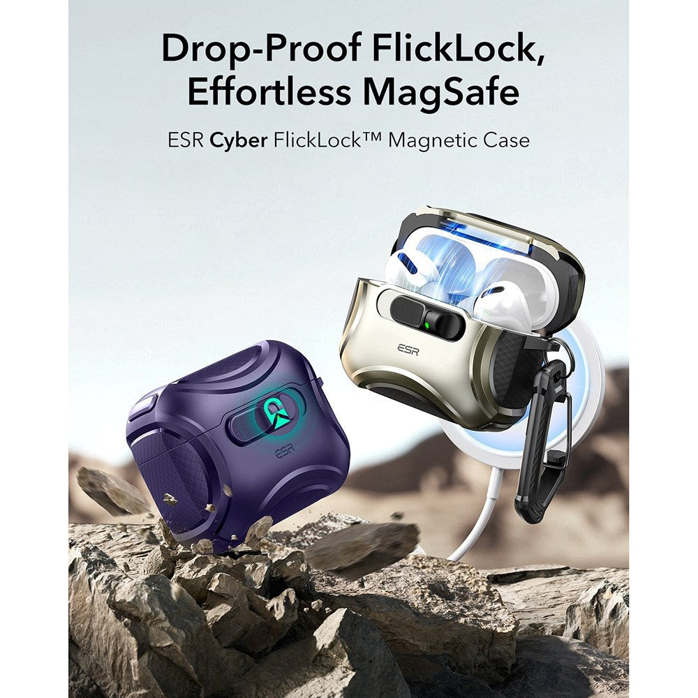 ESR AirPods Pro (3. gen.) Cyber FlickLock Case m. Karabinhage & Lås - Lilla