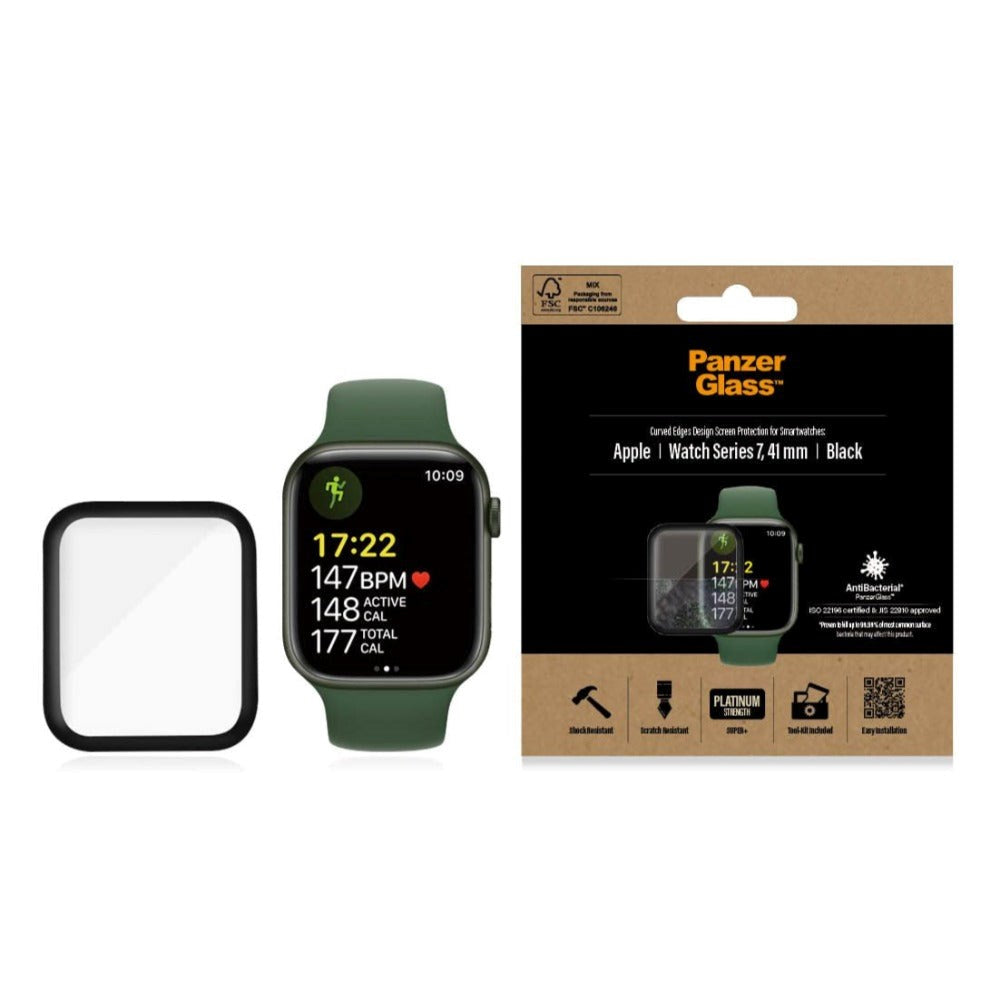 PanzerGlass Apple Watch 9/8/7 (41 mm) skjermbeskytter i herdet glass - svart kant