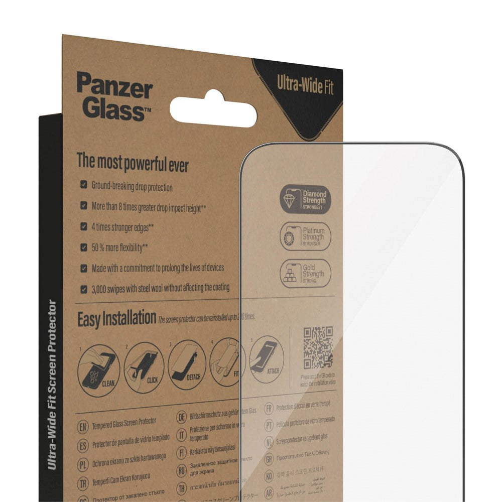 iPhone 14 Pro PanzerGlass AntiBacterial Ultra Wide Fit Screen Protector Glass m. EasyAligner - Diamantstyrke - Gjennomsiktig / Svart