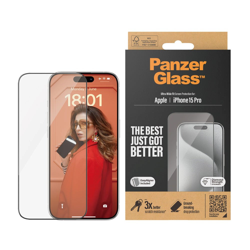 iPhone 15 Pro PanzerGlass Ultra Wide Fit Beskyttende glass m. EasyAligner - Diamantstyrke - Gjennomsiktig