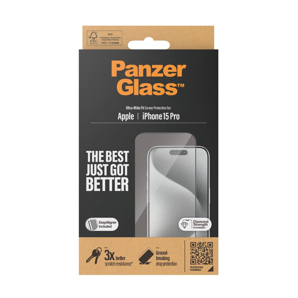 iPhone 15 Pro PanzerGlass Ultra Wide Fit Beskyttende glass m. EasyAligner - Diamantstyrke - Gjennomsiktig