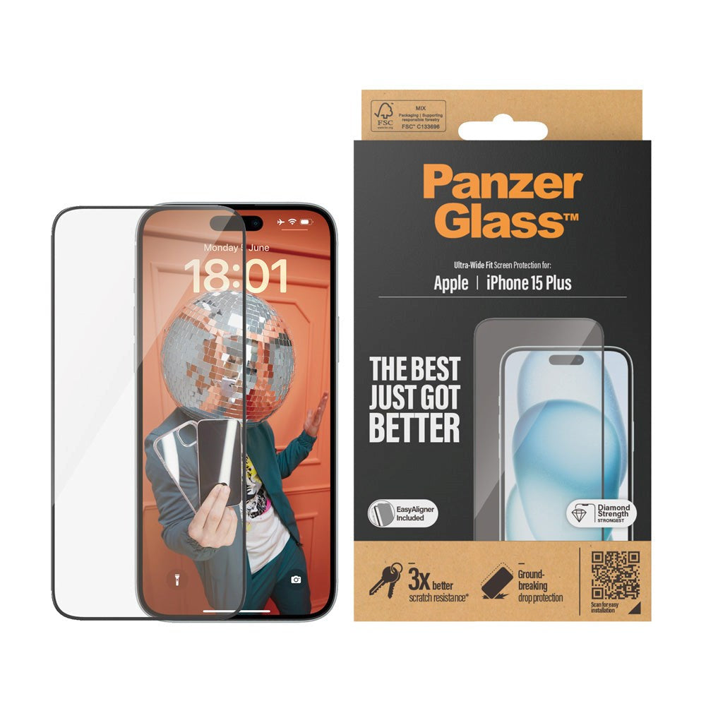 iPhone 15 Plus PanzerGlass Ultra Wide Fit beskyttelsesglass m. EasyAligner - Diamond Strength - Transparent / Black Edge