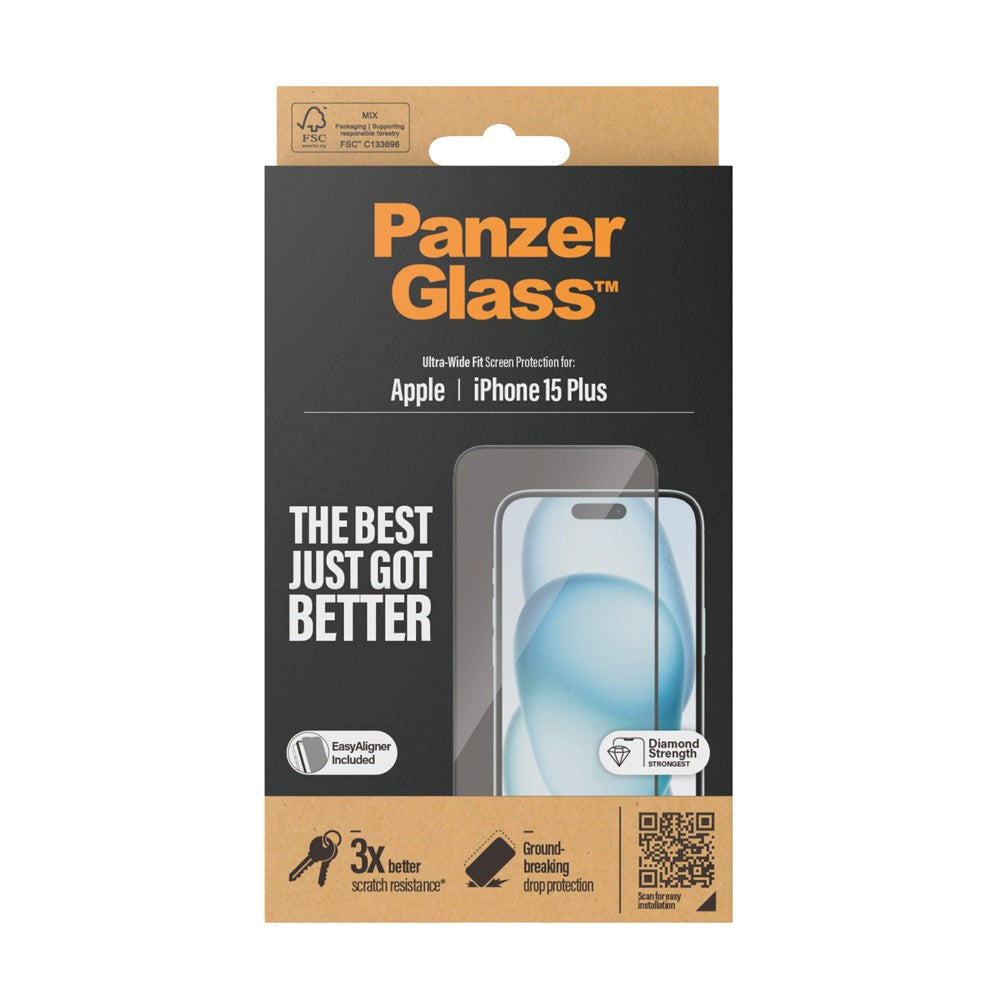 iPhone 15 Plus PanzerGlass Ultra Wide Fit beskyttelsesglass m. EasyAligner - Diamond Strength - Transparent / Black Edge