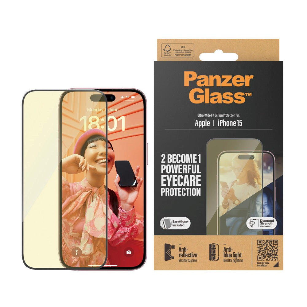 iPhone 15 PanzerGlass Ultra Wide Fit Beskyttelsesglass m. EasyAligner - Anti-reflekterende - Anti-blått lys - Diamantstyrke - Gjennomsiktig / svart kant