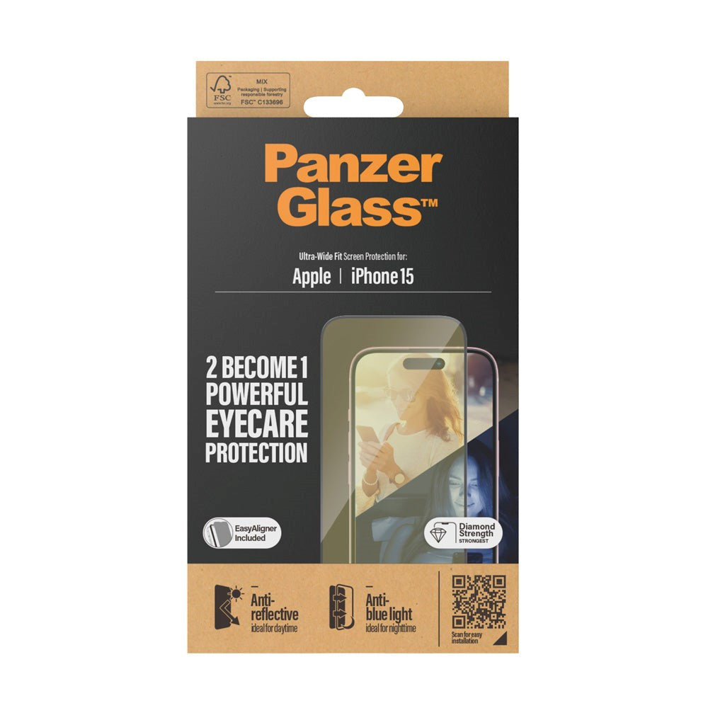 iPhone 15 PanzerGlass Ultra Wide Fit Beskyttelsesglass m. EasyAligner - Anti-reflekterende - Anti-blått lys - Diamantstyrke - Gjennomsiktig / svart kant