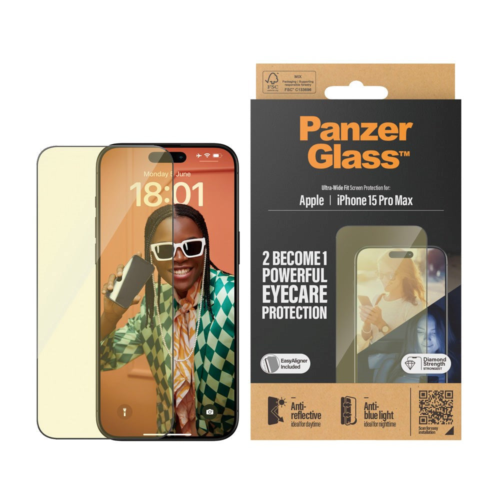 iPhone 15 Pro Max PanzerGlass Ultra Wide Fit Beskyttende glass m. EasyAligner - Anti-reflekterende - Anti-blått lys - Diamantstyrke - Gjennomsiktig / svart kant
