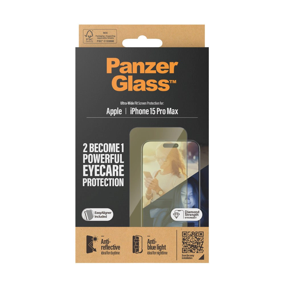 iPhone 15 Pro Max PanzerGlass Ultra Wide Fit Beskyttende glass m. EasyAligner - Anti-reflekterende - Anti-blått lys - Diamantstyrke - Gjennomsiktig / svart kant