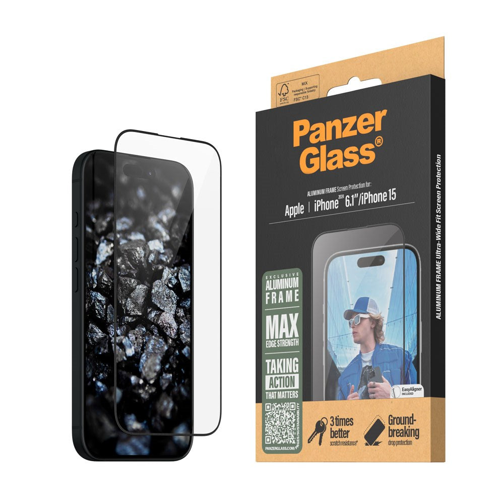 iPhone 16 PanzerGlass Ultra Wide Fit Beskyttelsesglass m. EasyAligner - Aluminiumsramme - Diamantstyrke - Gjennomsiktig / svart kant