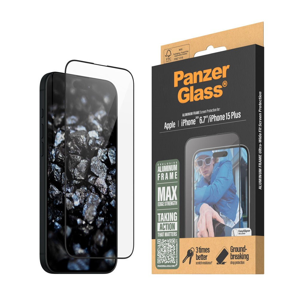 iPhone 16 Plus PanzerGlass Ultra Wide Fit beskyttelsesglass m. EasyAligner - Aluminiumsramme - Diamantstyrke - Gjennomsiktig / svart kant