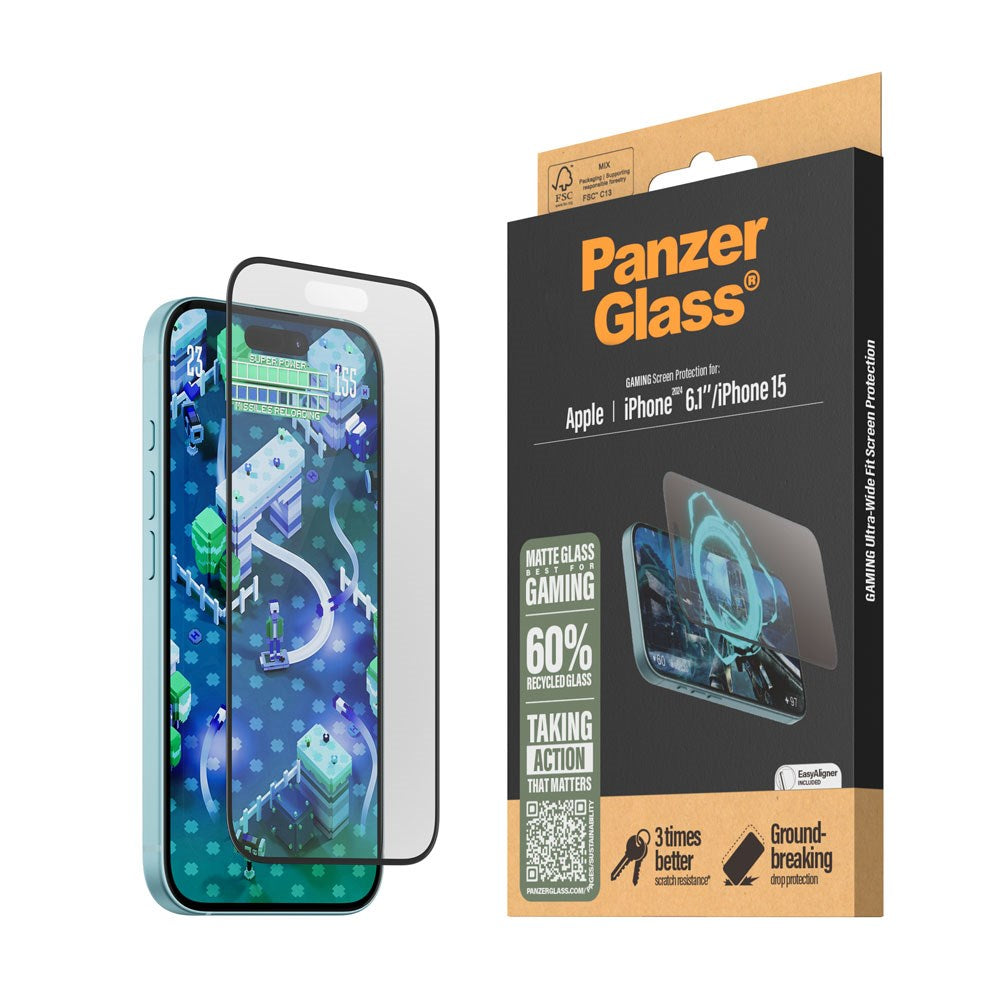 iPhone 16 PanzerGlass Ultra Wide Fit Beskyttelsesglass m. EasyAligner - Anti-reflekterende - Diamantstyrke - Gjennomsiktig / svart kant