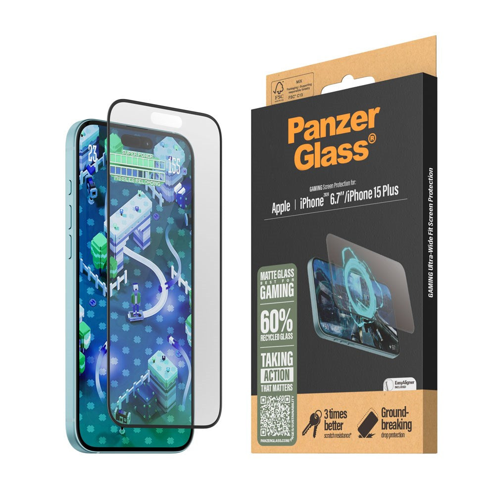 iPhone 16 Plus PanzerGlass Ultra Wide Fit beskyttelsesglass m. EasyAligner - Anti-reflekterende - Diamantstyrke - Gjennomsiktig / svart kant
