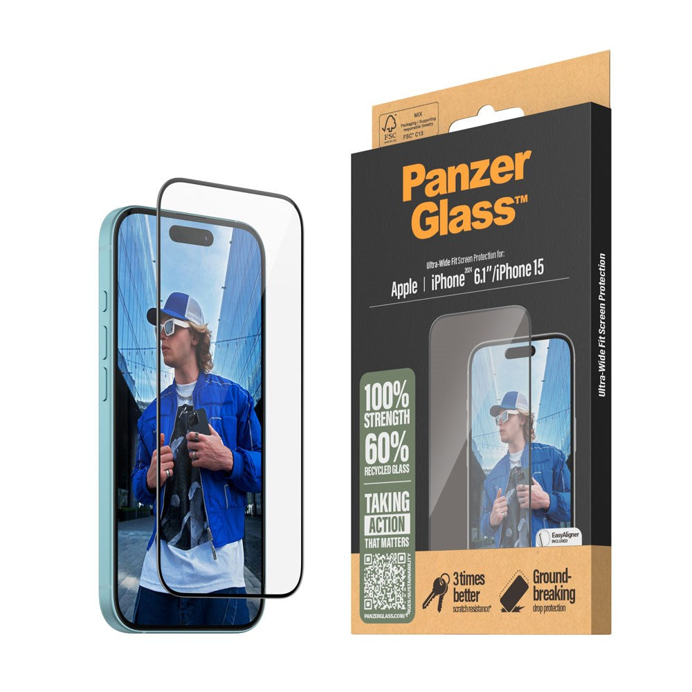 iPhone 15 / 16 PanzerGlass Ultra Wide Fit Beskyttelsesglass m. EasyAligner - Diamond Strength - Transparent / Black Edge