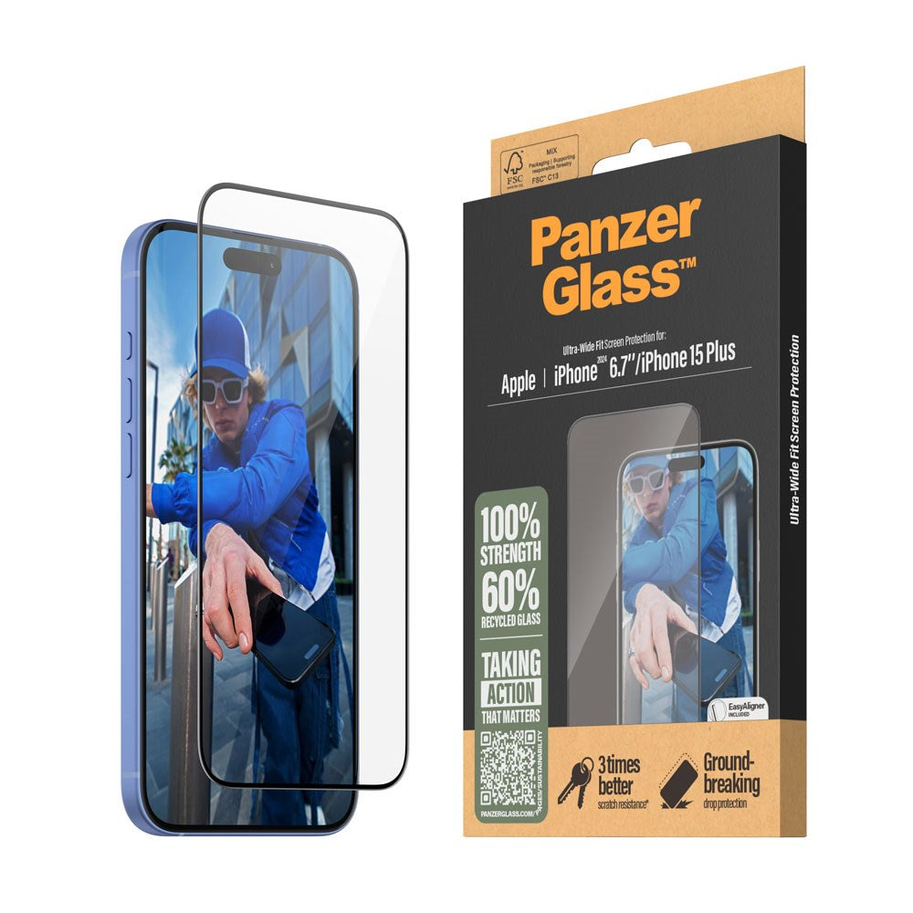 iPhone 16 Plus PanzerGlass Ultra Wide Fit beskyttelsesglass m. EasyAligner - Diamond Strength - Transparent / Black Edge