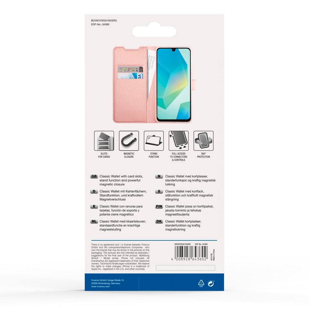 Vivanco Classic Wallet Flip Cover m. Lommebok - Samsung Galaxy A16 - Rosa