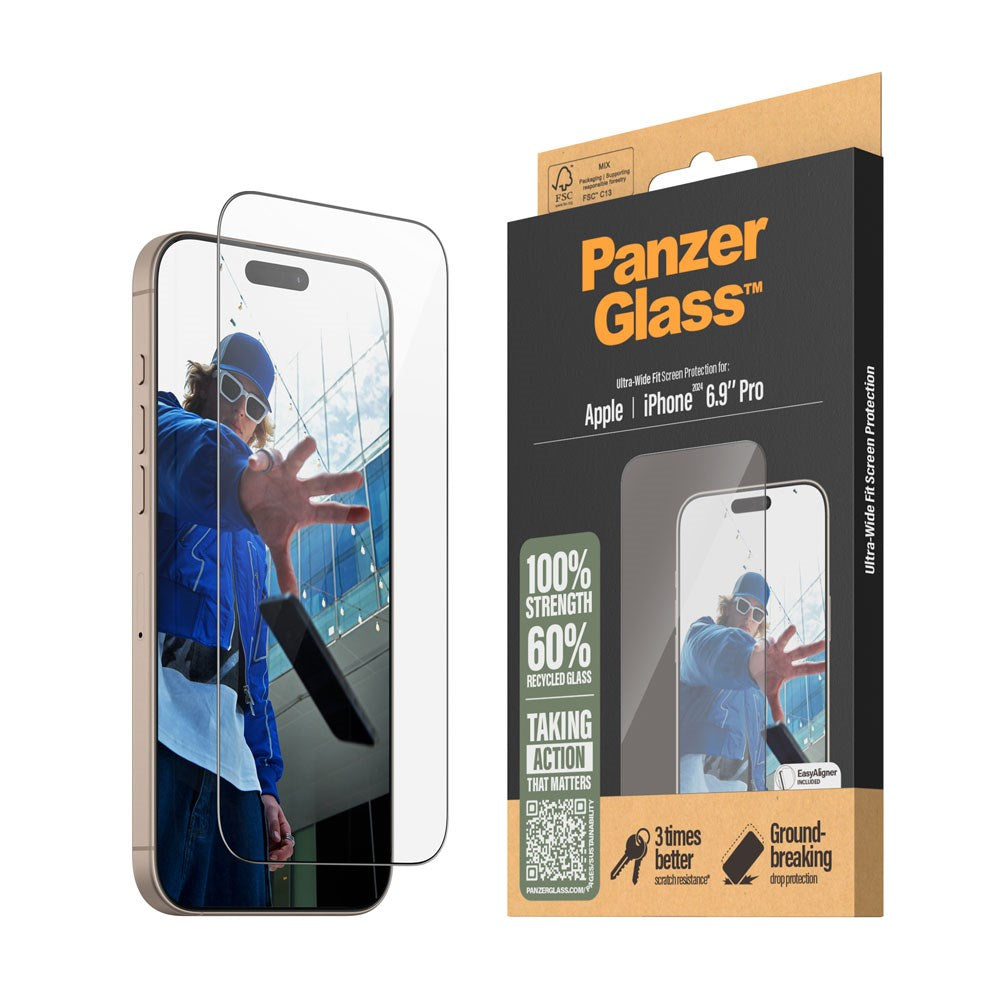iPhone 16 Pro Max PanzerGlass Ultra Wide Fit Beskyttende glass m. EasyAligner - Diamond Strength - Transparent / Black Edge