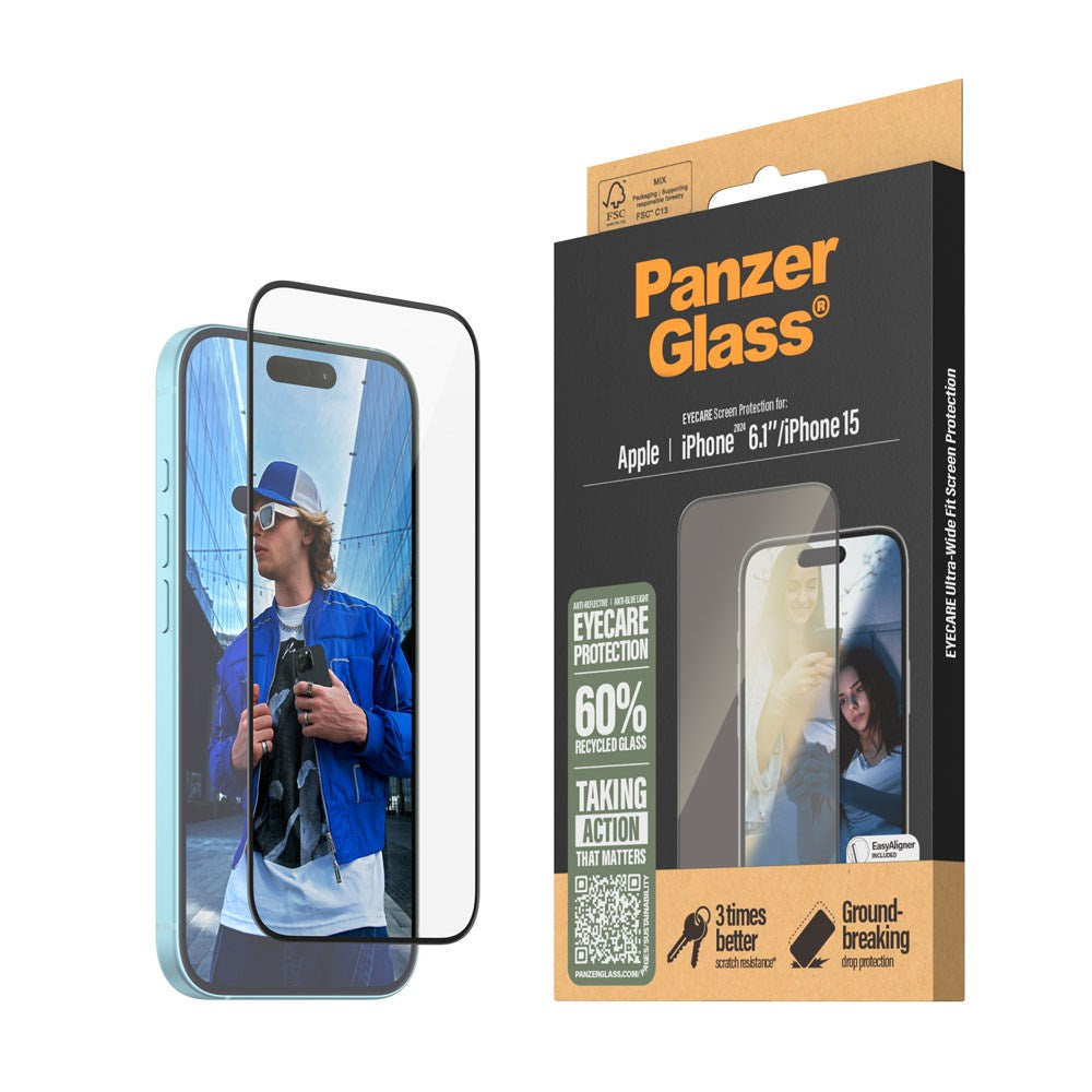 iPhone 16 PanzerGlass Ultra Wide Fit Beskyttelsesglass m. EasyAligner - EyeCare - Diamond Strength - Transparent / Black Edge