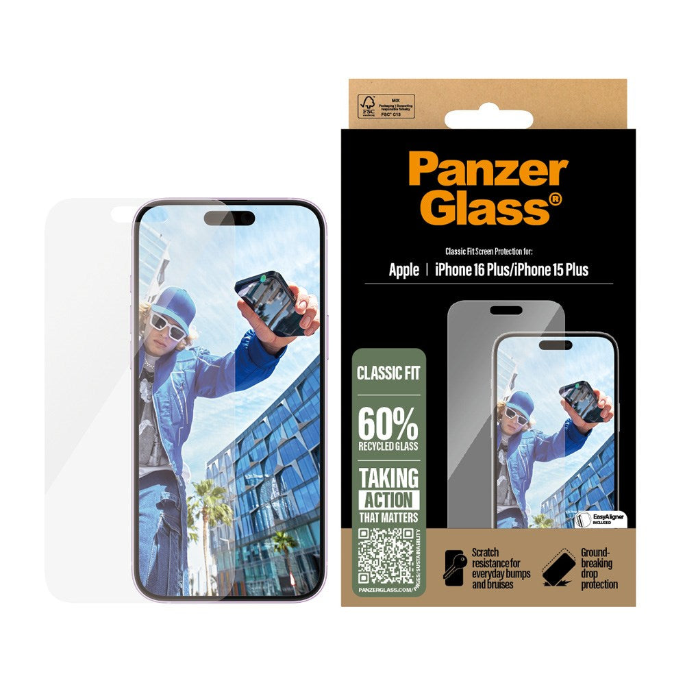 iPhone 16 Plus PanzerGlass Classic Fit Beskyttelsesglass m. EasyAligner - Platinum Strength - Gjennomsiktig