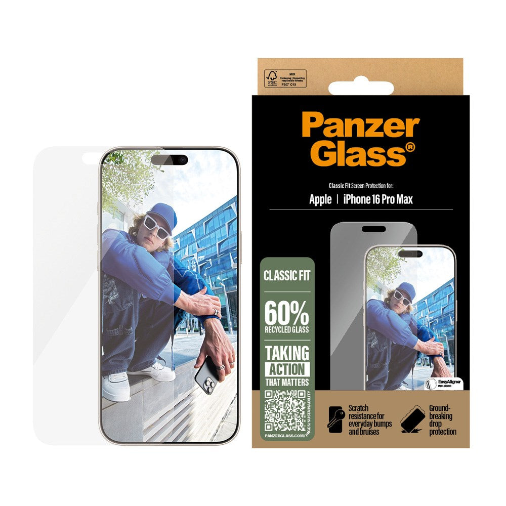 iPhone 16 Pro Max PanzerGlass Classic Fit Beskyttende glass m. EasyAligner - Platinum Strength - Gjennomsiktig