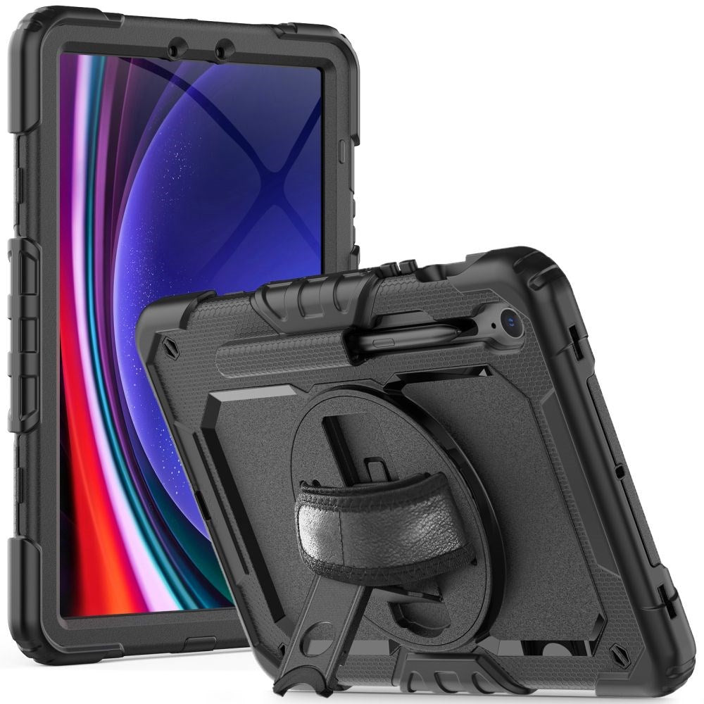 Samsung Galaxy Tab S9 FE Craftsman Cover m. Beskyttelsesfilm, håndholder og skulderstropp - Tech-Protect Solid360 - Svart