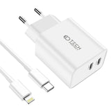 Tech-Protect 35W Vægoplader m. 2 x USB-C & Lightning Kabel - Hvid