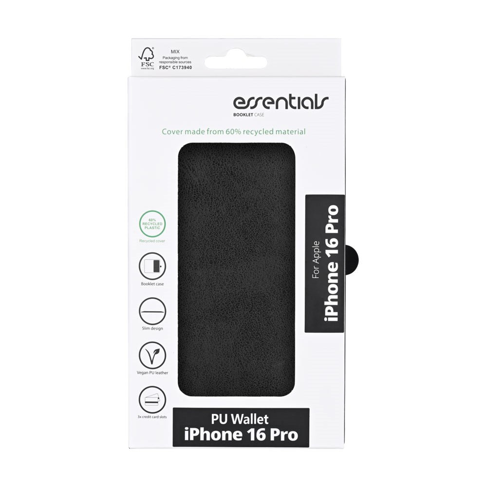 iPhone 16 Pro Essentials Kunstlæder Flip Cover - Sort