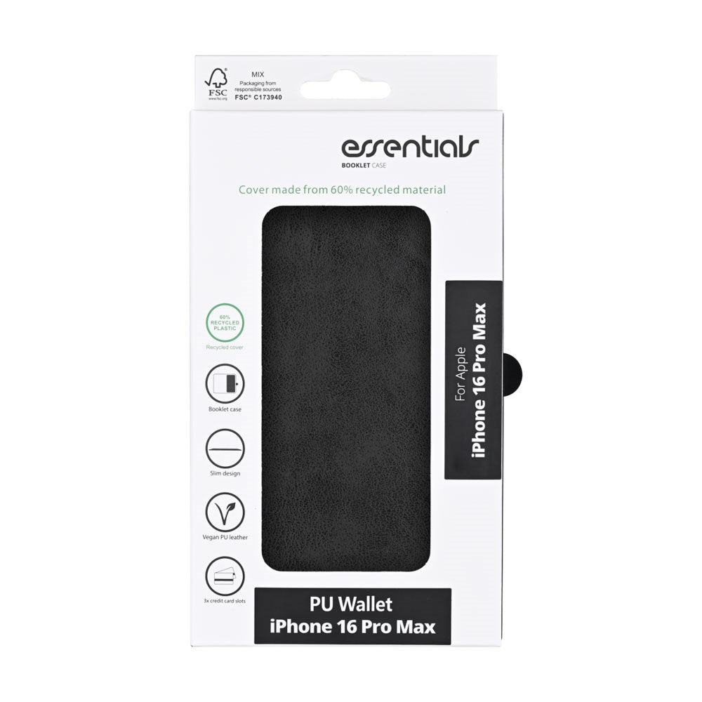 iPhone 16 Pro Max Essentials Kunstlæder Flip Cover - Sort