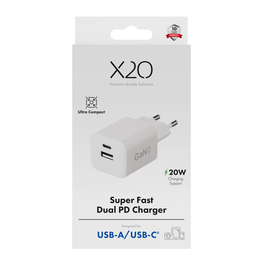 X2O Vægoplader m. 1x USB-A & 1x USB-C - 20W - Hvid