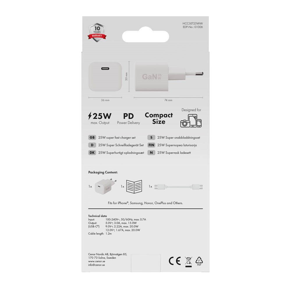 X2O Vægoplader m. 1x USB-C & 1x USB-C Kabel - 1.2m / 25W - Hvid