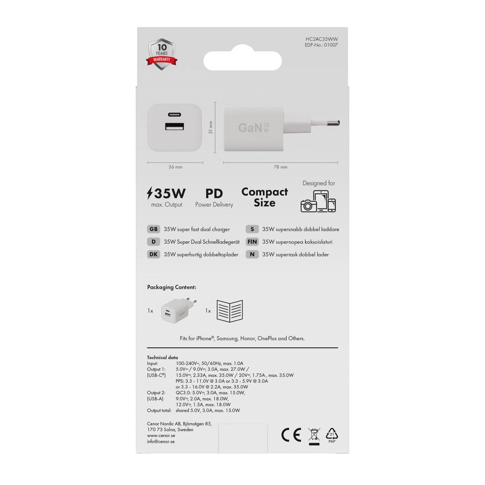 X2O Vægoplader m. 1x USB-A & 1x USB-C - 35W - Hvid