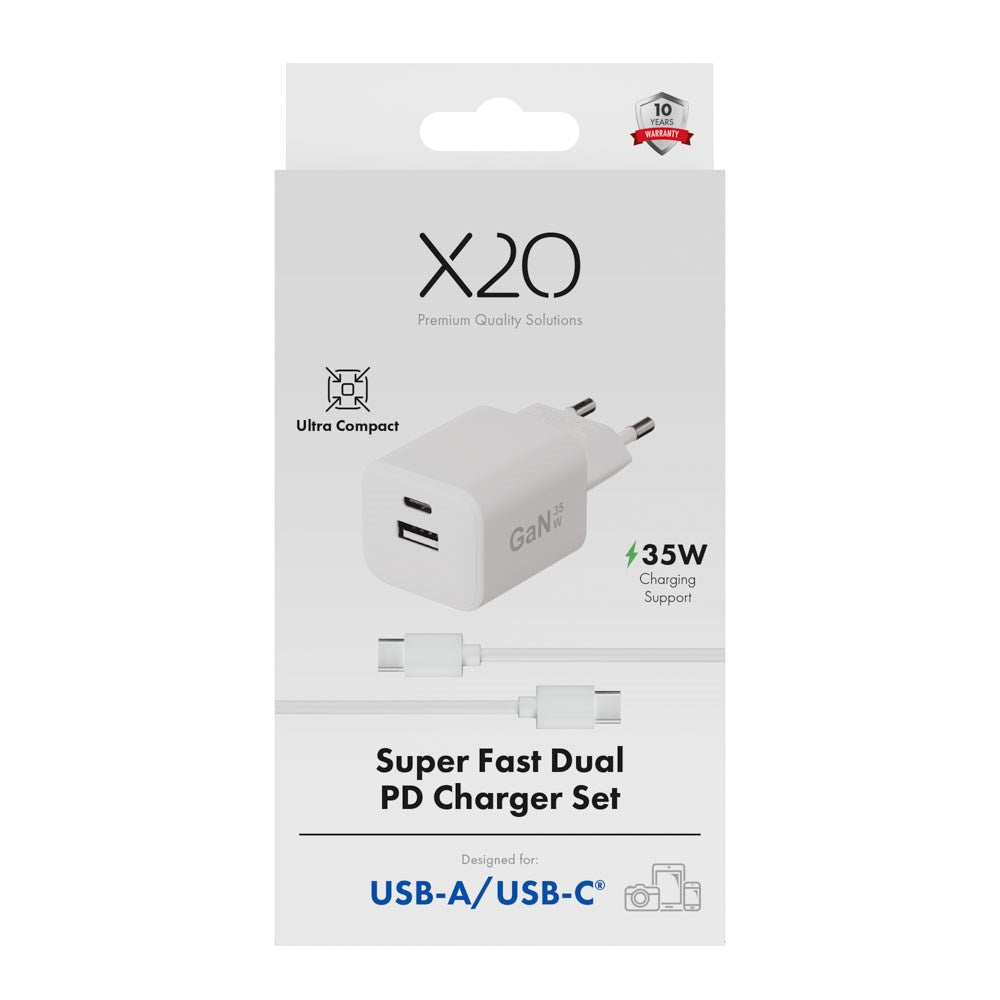 X2O Vægoplader m. 1x USB-A / 1x USB-C / 1x USB-C Kabel - 1.2m / 35W - Hvid