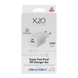 X2O Vægoplader m. 1x USB-A / 1x USB-C / 1x USB-C Kabel - 1.2m / 35W - Hvid