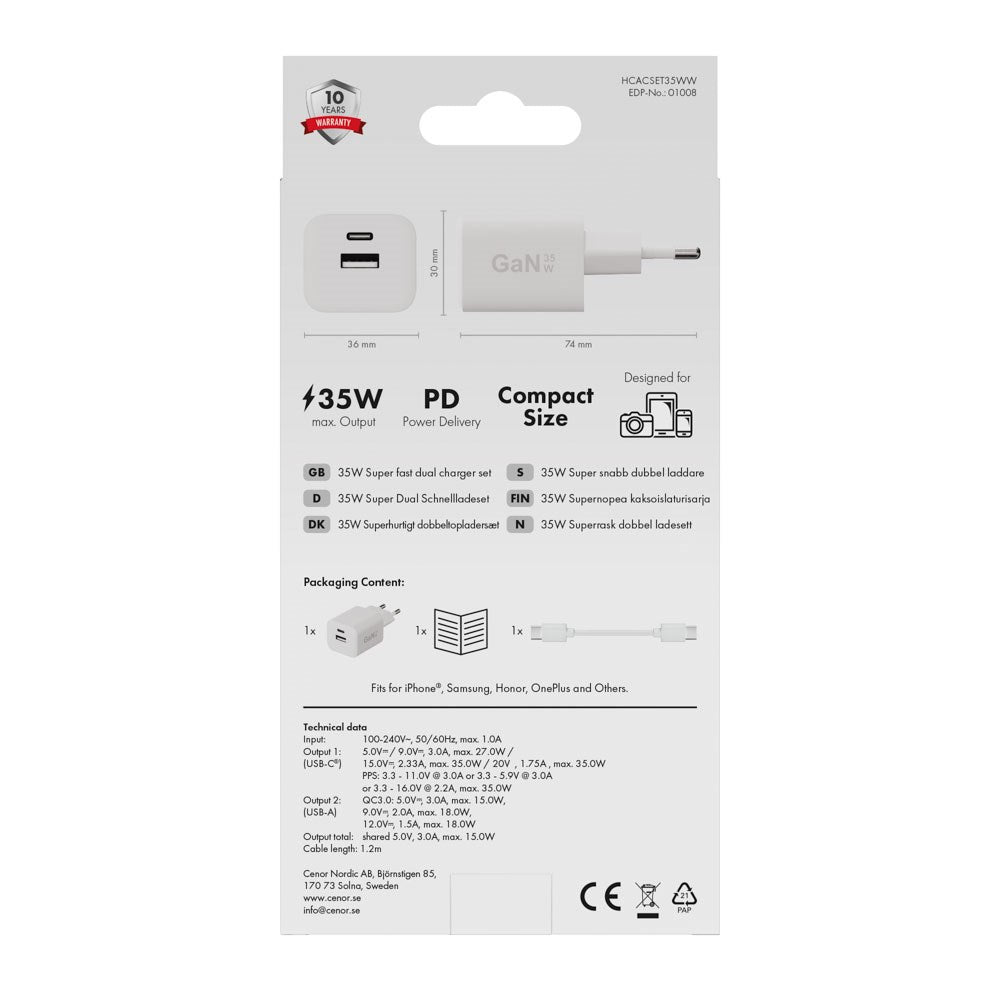 X2O Vægoplader m. 1x USB-A / 1x USB-C / 1x USB-C Kabel - 1.2m / 35W - Hvid