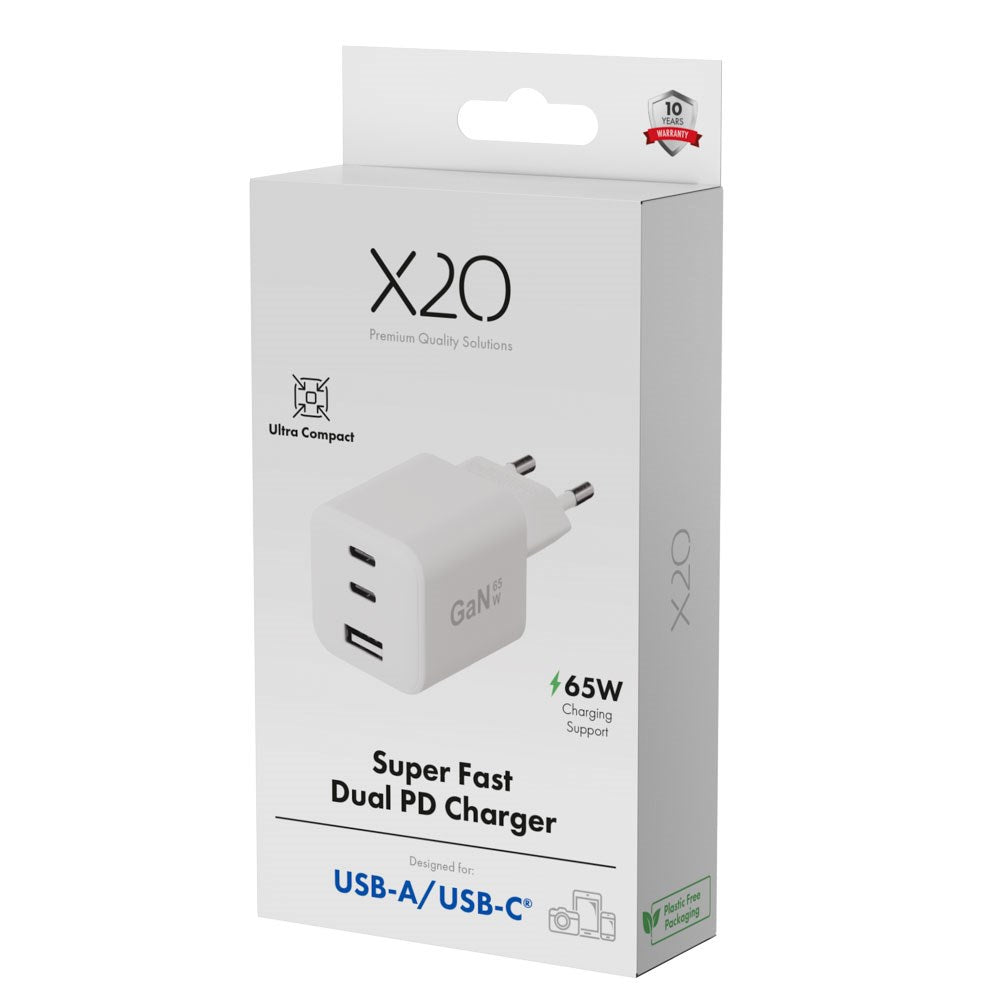 X2O GaN Vægoplader m. 2x USB-C & 1x USB-A - 65W - Hvid
