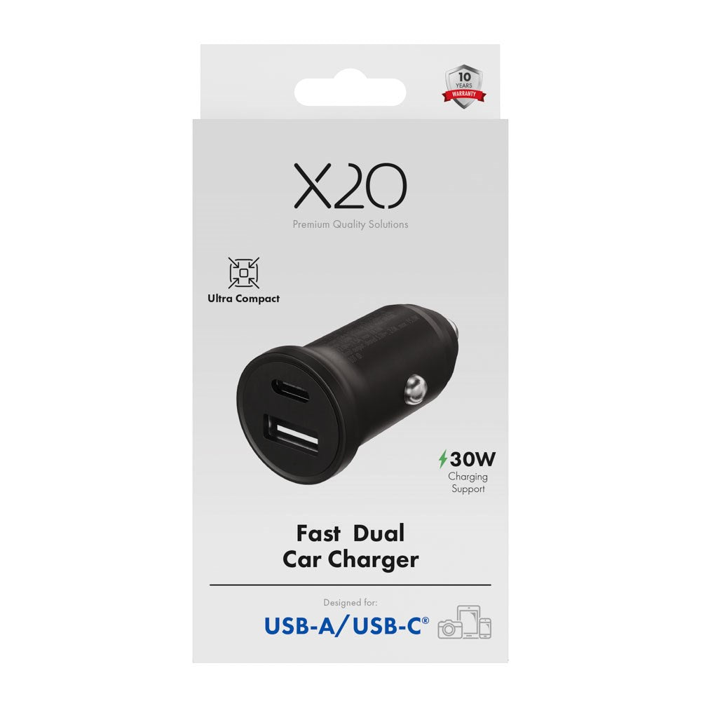 X2O Dobbelt Biloplader USB-A & USB-C / 30W - Sort