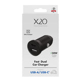 X2O Dobbelt Biloplader USB-A & USB-C / 30W - Sort