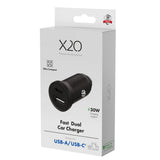 X2O Dobbelt Biloplader USB-A & USB-C / 30W - Sort