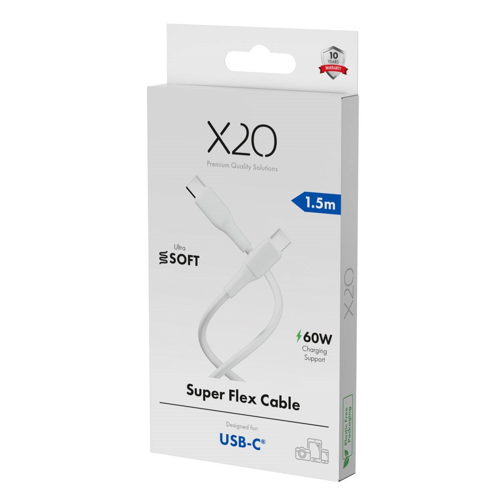 X2O Superflex USB-C til USB-C Kabel - 1.5m / 60W - Hvid