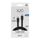 X2O Longlife USB-C til USB-C Kabel - 2m / 100W - Sort