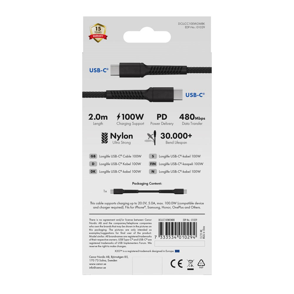 X2O Longlife USB-C til USB-C Kabel - 2m / 100W - Sort
