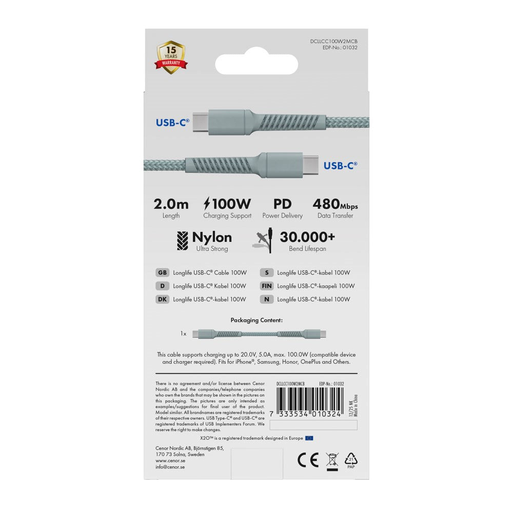 X2O Longlife USB-C til USB-C Kabel - 2m / 100W - Blå